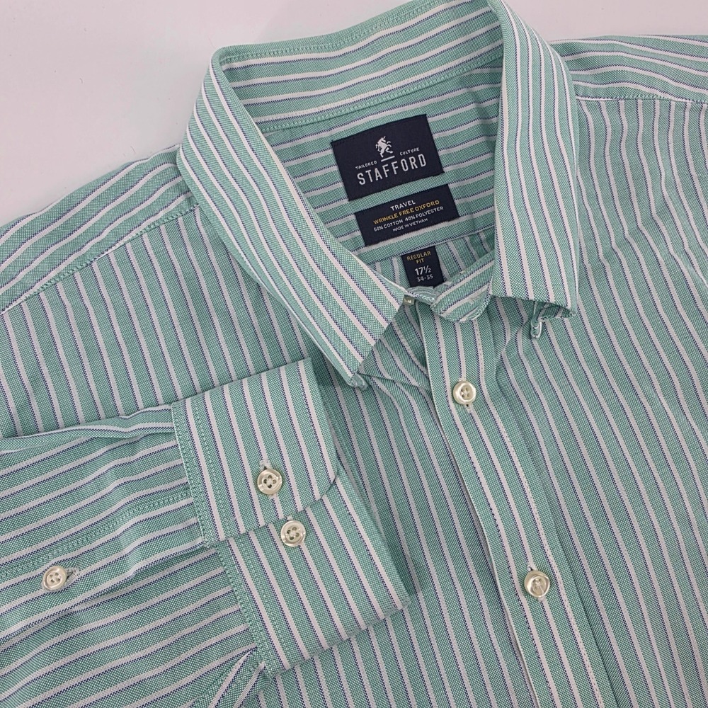 Stafford Mens Travel Wrinkle Free Oxford Striped Button Down Regular‎ Fit 17 1/2
